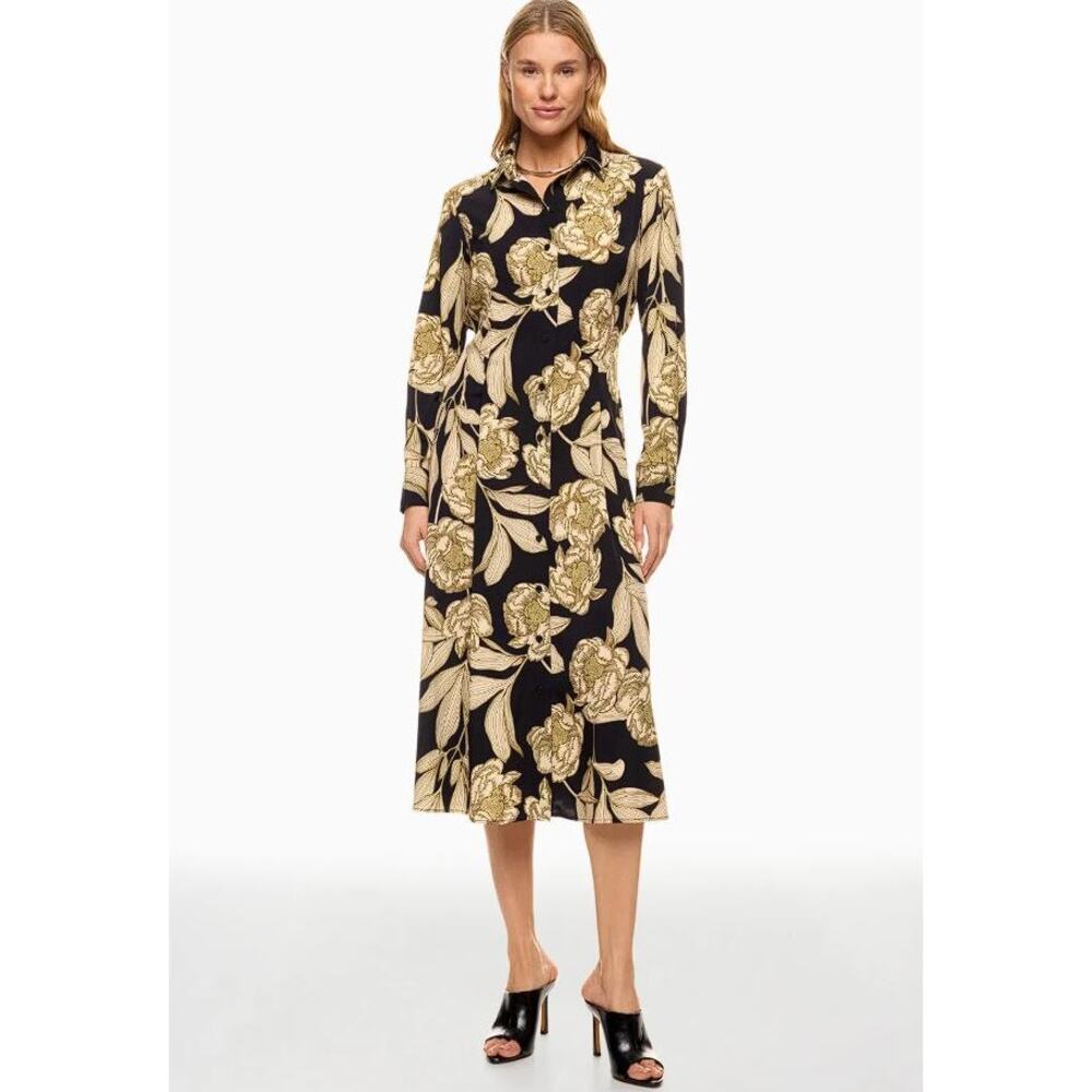 Thakoon Black and Gold Floral Shirt Midi Dress